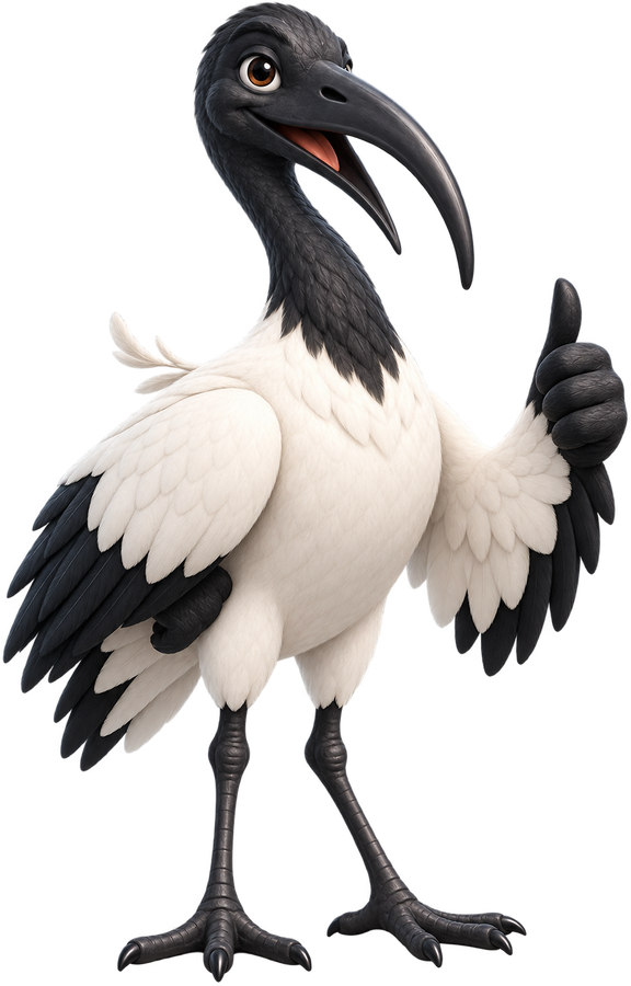 Barry, the Home Heads Up ibis, giving a friendly thumbs up