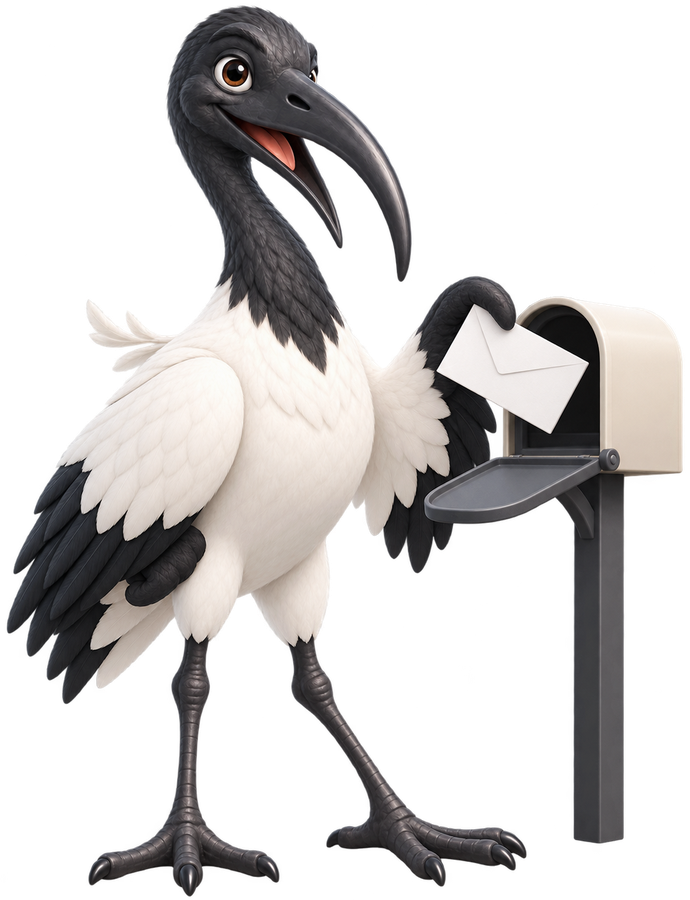 Barry the ibis holding a letter
